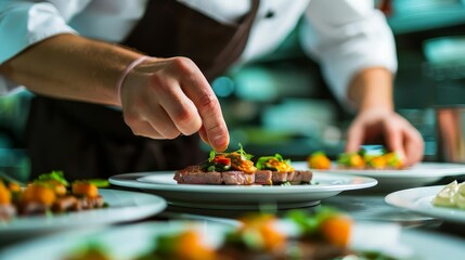 Chef plating a gourmet meal in a professional kitchen.