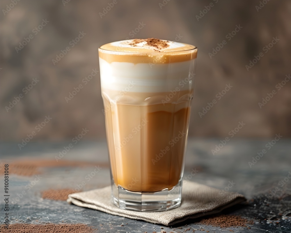 Poster frothy latte in a tall glass on a rustic wooden surface with copy space