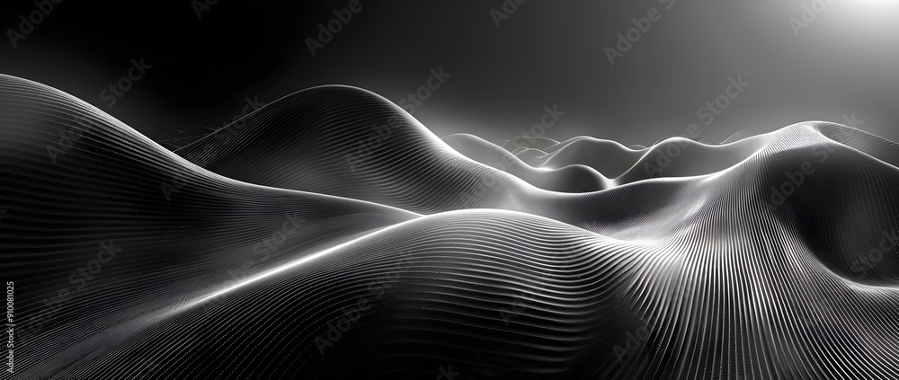 Poster abstract gray waves. a digital abstract image of gray lines forming waves, the dark background highl