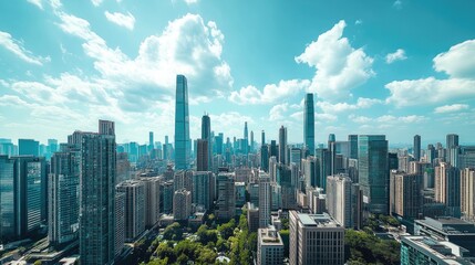 Fototapeta premium Panorama view of modern capital city skyline, skyscraper at daytime. Beautiful day view with high buildings and blue sky with white clouds, Business international corporations, banks office centres