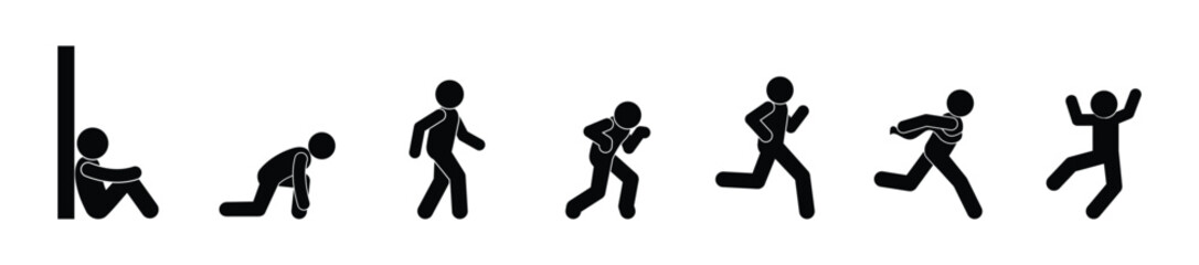 sticks figure man, icon athlete, people walking, running, start and finish illustration