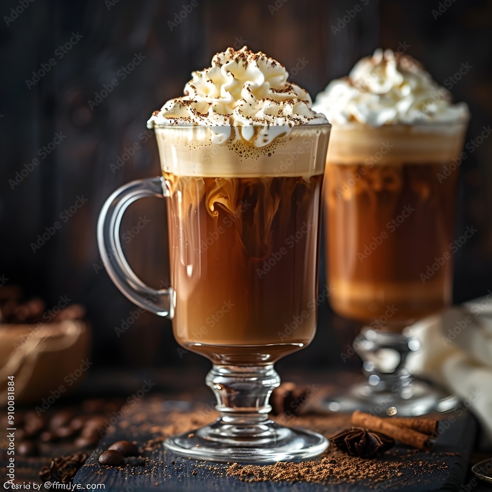 Canvas Prints Cozy Irish Coffee with Whipped Cream in a Glass Mug on a Wooden Table