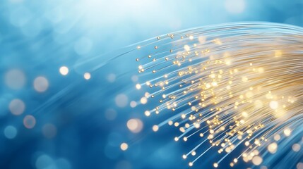 Close-up of fiber optic cable with glowing strands, representing high-speed data transmission and connectivity.
