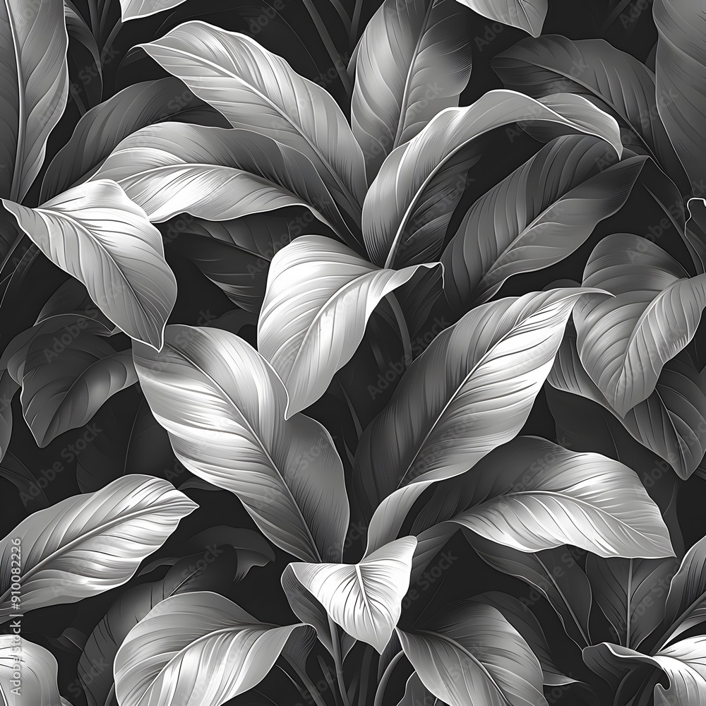 Poster black and white tropical leaves. a close-up of tropical leaves in a black and white color scheme cre