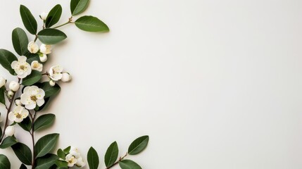 White flowers and green leaves arranged on a white background, creating a delicate and natural border.