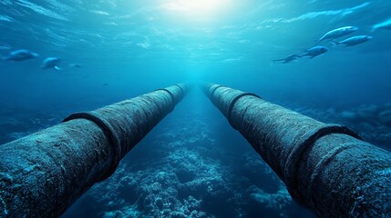 Two parallel pipes run through the ocean floor, with fish swimming above. Sunlight shines down from the surface.