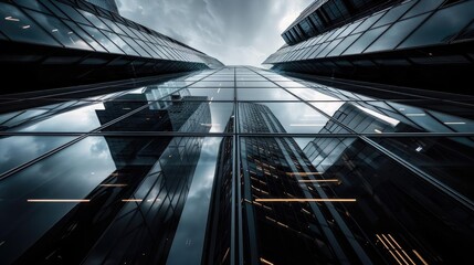 Naklejka premium A dramatic view of modern skyscrapers with reflective glass surfaces under a moody sky, capturing urban architecture and design.