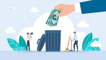Business person waste of money on investment. Man Throws Money into a Recycle Bin. Throwing Dollars Trash Concept. Vector illustration
