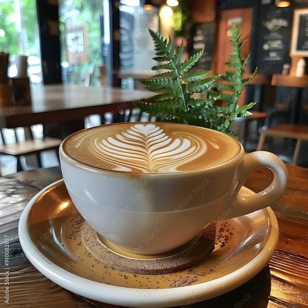 Poster freshly brewed latte with leaf patterned foam on wooden table in cozy cafe setting
