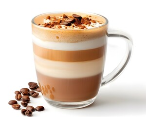 Layered Almond Milk Latte in a Clear Glass Cup   Coffee Concept with Copy Space