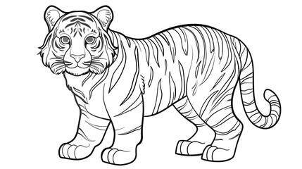 Fototapeta premium Black and white illustration of a cartoon tiger cub with detailed stripes, standing in a relaxed pose. Ideal for children's books, educational content, and wildlife-themed designs.