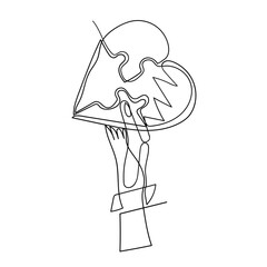 Continuous line drawing. A heart drawing with a broken piece symbolizing love lost or heartbreak, conveying emotional pain. Icon vector illustration