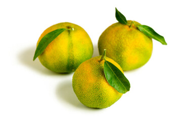Tangerine orange fruit with green leaves isolated on white background