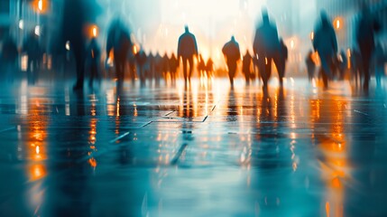 Obraz premium Abstract blurred city street with pedestrians and reflections