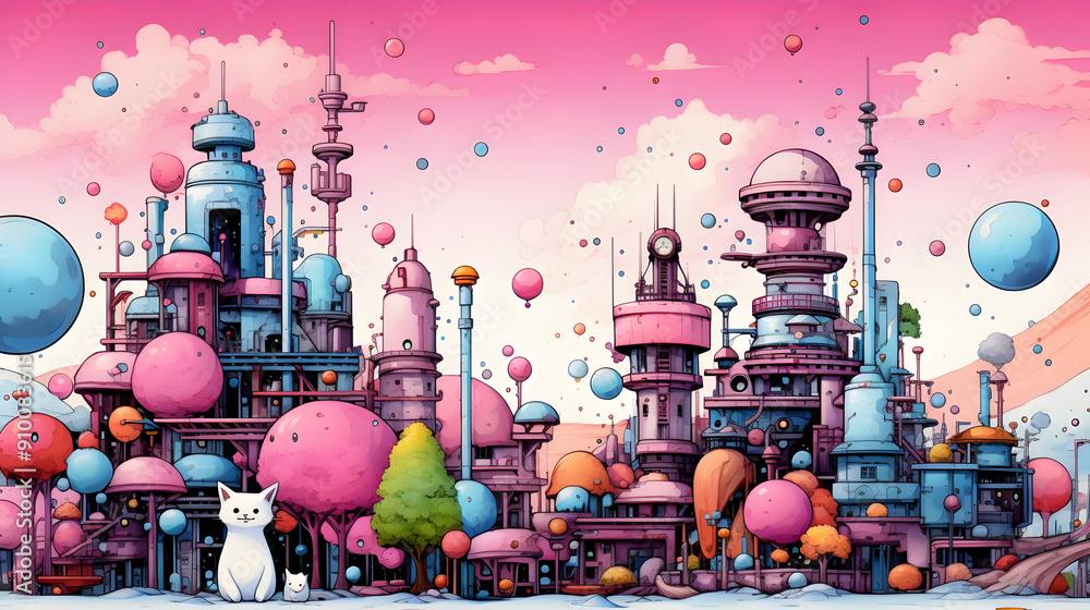 Poster Futuristic Cityscape Illustration with Floating Balloons and Cats