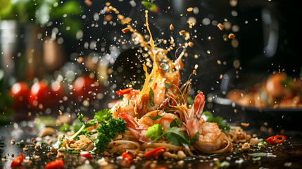 A dynamic close-up of a seafood stir-fry dish featuring shrimp, vegetables, and noodles, captured in mid-motion with ingredients splashing. Ideal for food photography, culinary art, and vibrant restau