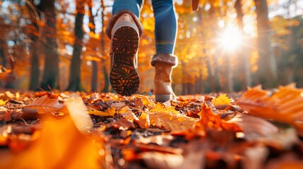 Autumn Walk in Forest: Close-up of Boots Stepping on Colorful Leaves
