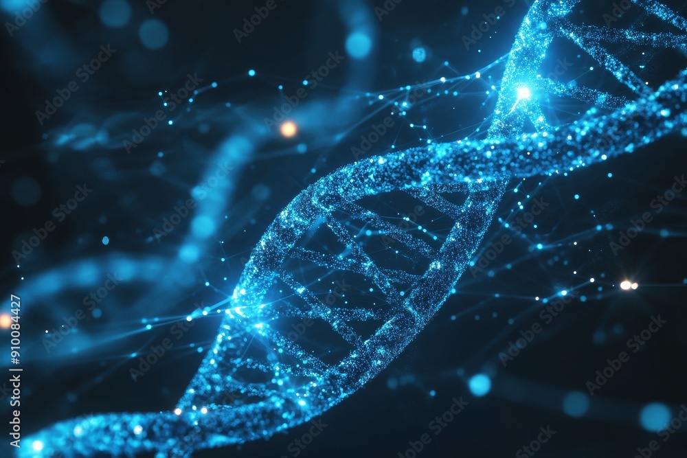 Poster digital illustration of a dna double helix with a network of connecting lines and dots, symbolizing 