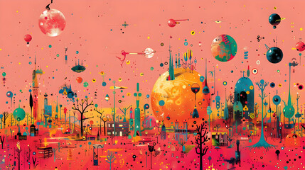Abstract Illustration of a Futuristic City with Colorful Planets and Stars