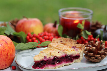 Homemade pie with berries and apples on a background of green grass. Thanksgiving dessert recipe. Autumn picnic in a garden. 