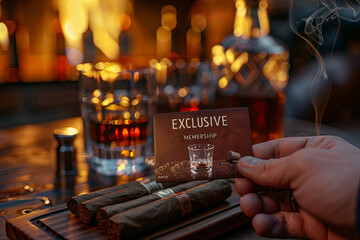 Man's hand puts exclusive membership card on the table. Gentleman's hand puts exclusive membership card on the wooden table with whisky in carafe and glass with cigars, with writing “ EXCLUSIVE MEMBER