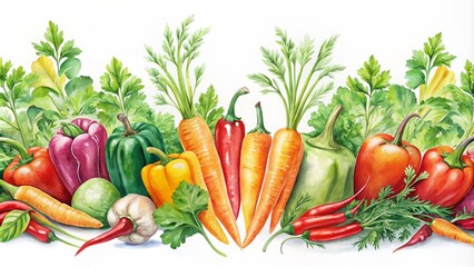 Vibrant seamless watercolor border illustration featuring fresh vegetables and herbs, including carrots, bell peppers, and parsley, on a clear isolated background, perfect for design.