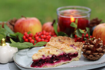 Homemade pie with berries and apples on a background of green grass. Thanksgiving dessert recipe. Autumn picnic in a garden. 