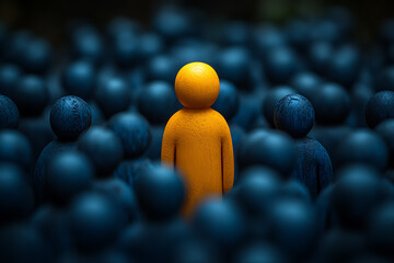  A yellow figurine stands out in a crowd of dark-colored figures, symbolizing uniqueness and contrast. The use of lighting and colors emphasizes the central figure