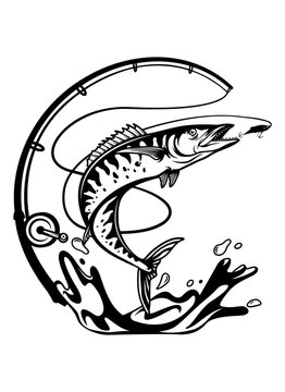 black and white fish jumping with fishing rod clip art preview