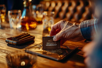 Man's hand puts exclusive membership card on the table. Gentleman's hand puts exclusive membership card on the wooden table with whisky in carafe and glass with cigars, with writing “ EXCLUSIVE MEMBER