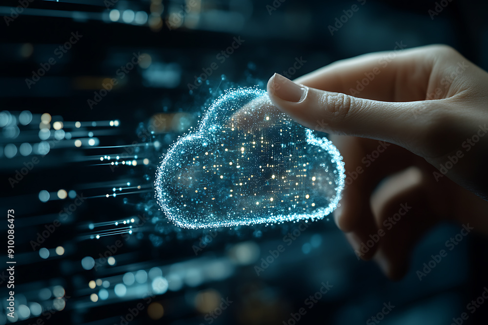 Poster a woman touching a glowing digital cloud on a futuristic interface, representing cloud computing and
