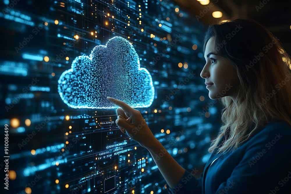 Poster a woman touching a glowing digital cloud on a futuristic interface, representing cloud computing and