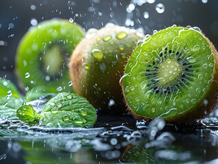 Pieces of kiwi with water splashes and reflection KIWI splashing with water on elegant black background
