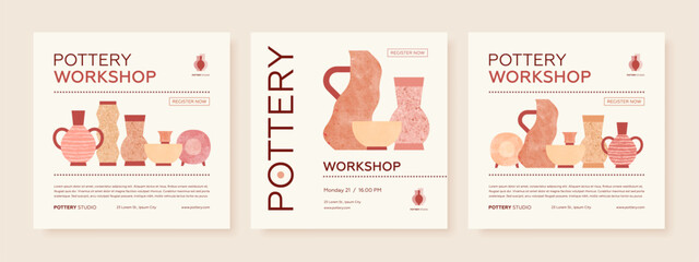 Set of pottery workshop advertising vector web square banner design template. Hand made ceramics, clay crockery flat illustration. Pottery lesson, ceramic studio, hobby master class invitation layout