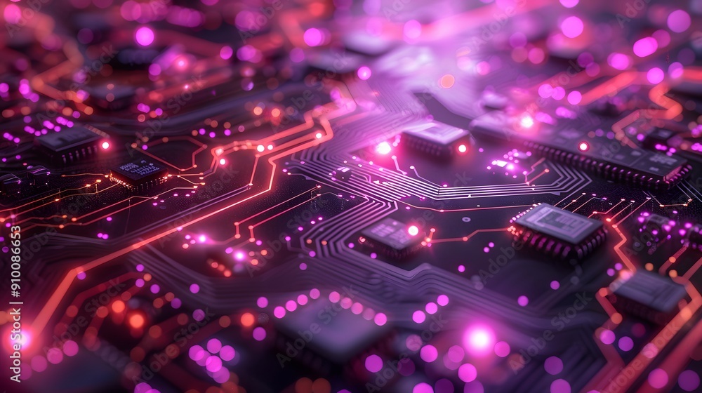 Poster circuit board with pink glowing lines. a close-up image of a circuit board with glowing lines. it's 