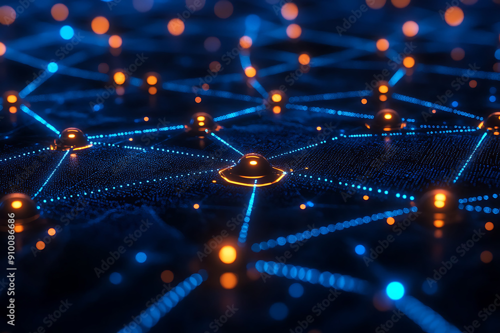 Poster abstract digital network with glowing nodes and connections, representing data, technology, and conn