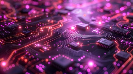 Obraz premium Circuit Board with pink Glowing Lines. A close-up image of a circuit board with glowing lines. It's a beautiful and abstract image that captures the essence of modern technology.