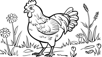 Naklejka premium Charming black and white cartoon illustration of a hen standing in a grassy farmyard, surrounded by plants. Perfect for children's coloring books, farm-themed educational materials, and playful design
