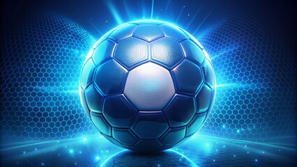 Vibrant glowing soccer ball illuminated against a soothing blue background with a subtle hexagonal grid pattern, evoking a sense of modern technology and dynamic energy.