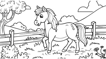 Charming black and white cartoon illustration of a pony trotting in a fenced pasture, surrounded by trees and flowers. Perfect for children's coloring books, farm-themed activities, and educational