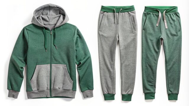 Folded green and gray tracksuits with hoodies lie on a white background, showcasing front and back views, highlighting the fabric's texture and color contrast.