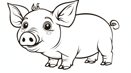Fototapeta premium A charming black and white cartoon illustration of a smiling piglet with large eyes and a curly tail. Ideal for children's coloring books, educational materials, and farm-themed activities.