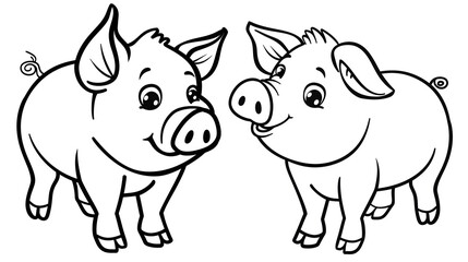 Fototapeta premium A delightful black and white illustration featuring two playful cartoon piglets with expressive faces and curly tails. Perfect for children's coloring books, farm-themed projects, and educational mate