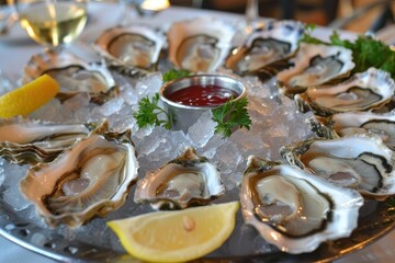 A platter of fresh oysters on the half shell, served on ice with lemon wedges, cocktail sauce, and mignonette