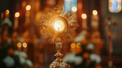 Golden monstrance in a Catholic church used for worship and Eucharistic adoration