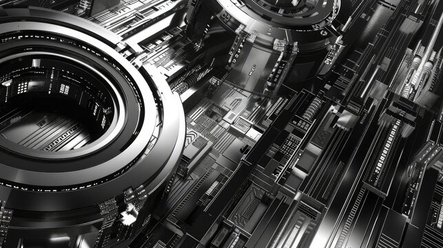 Futuristic abstract design featuring metallic structures and intricate patterns, ideal for tech and digital themes.