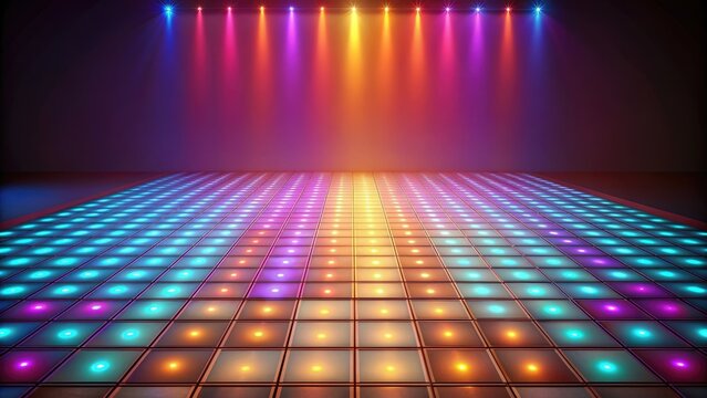 Simple retro disco dance floor with neon lights on beige background, disco, dance floor, retro, surreal, colorful