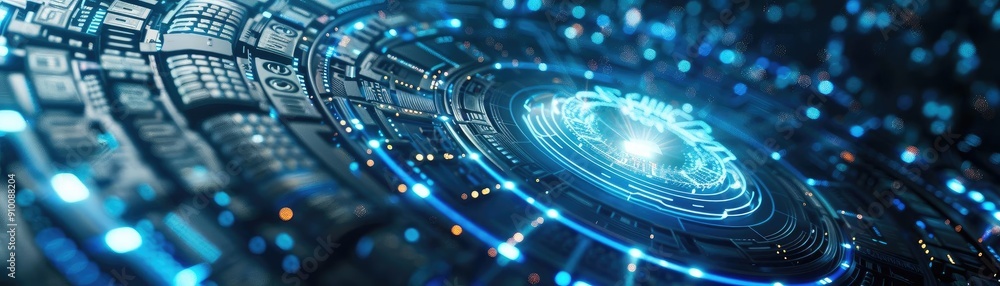 Aufkleber futuristic abstract design featuring a glowing blue circle surrounded by digital patterns and light 