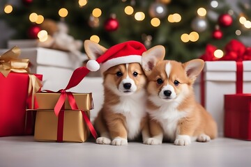 sitting box background hats puppy welsh red gift white corgi kitten pembroke christmas isolated dog cat animal pet baby breed cap care celebrate celebration claus december domestic family funny group