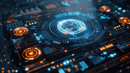 Fototapeta premium Futuristic interface with glowing elements and data visualizations, perfect for tech and digital design applications.